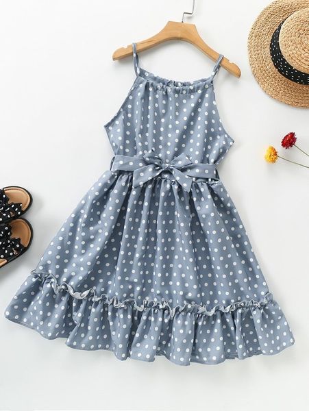 

girls polka dot ruffle hem belted cami dress she, Red;yellow