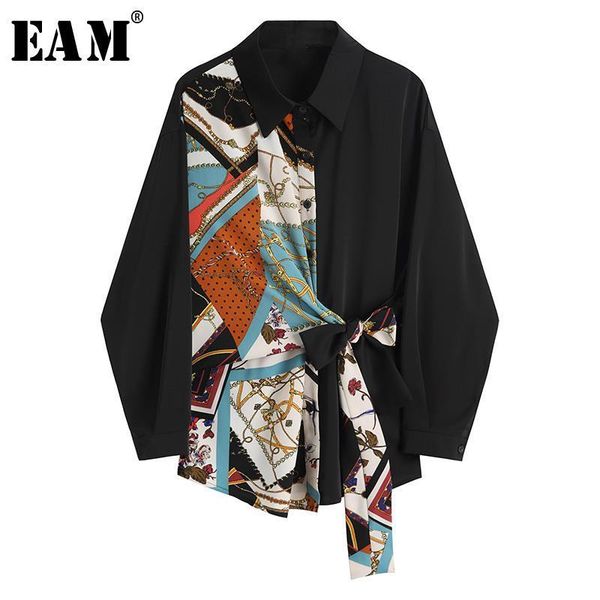 

eam] women black pattern printed bandage big size blouse new lapel long sleeve loose fit shirt fashion spring summer 2020 1y892, White
