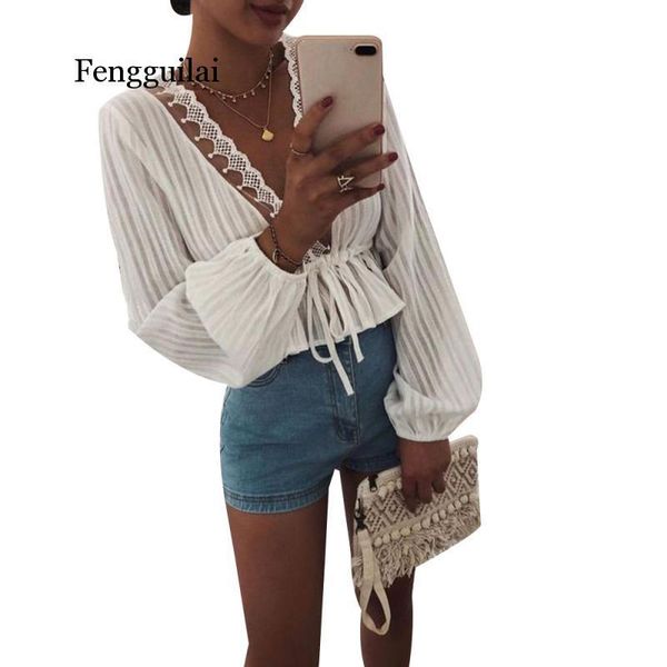 

high street women white crop striped blouse lace deep v neck long lantern sleeve shirts eleghant lady waist lace-up