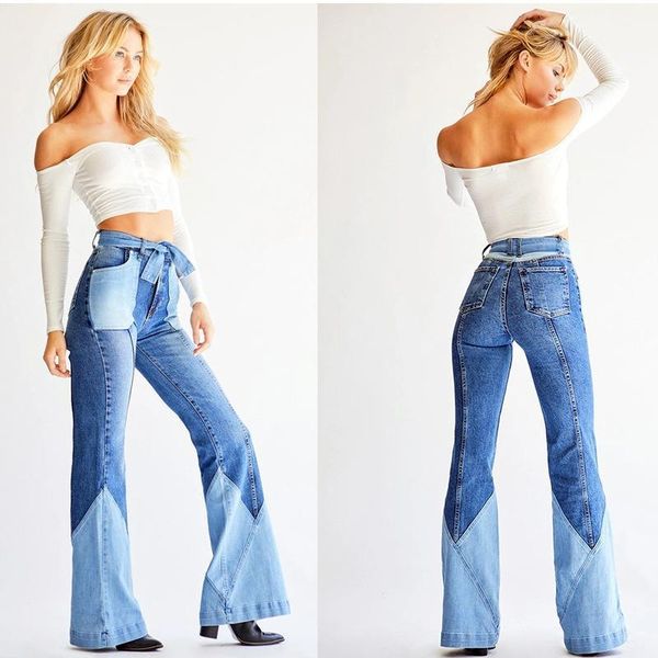 

2020 simple winter retro high waist two-color stitching belt high stretch women's denim tight hip fashion slim flared jeans1, Blue
