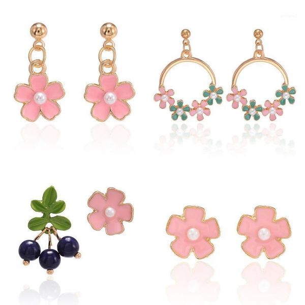 

stud classic design pink flower shaped earrings for women girls fashion plant charms ear jewelry birthday gifts1, Golden;silver