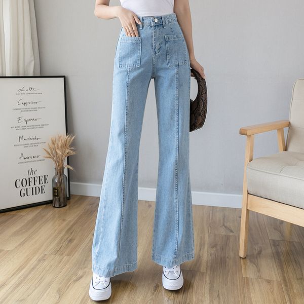 

2021 for women vintage washed loose high waist multi-pocket trousers casual jeans cotton fashion wide leg pants ick9, Blue