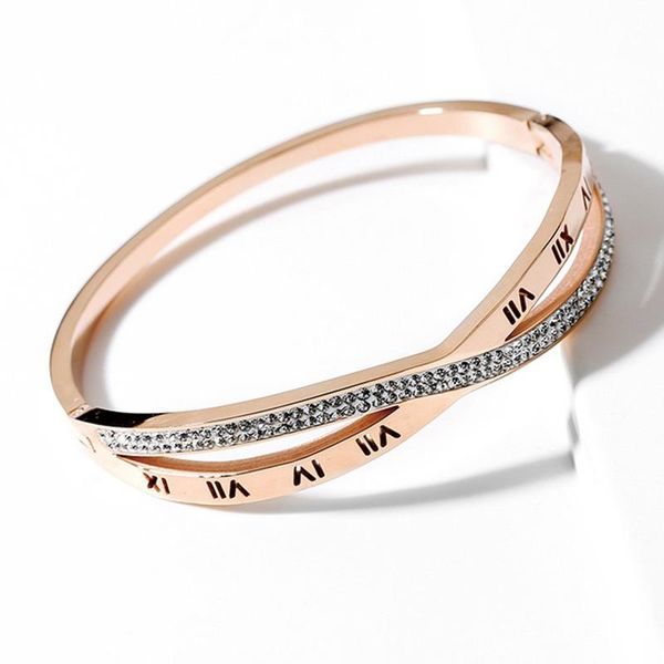 

bangle roman character rhinestone cross design bracelet steel titanium bayonet cutout letters couple bracelets jewelry, Black