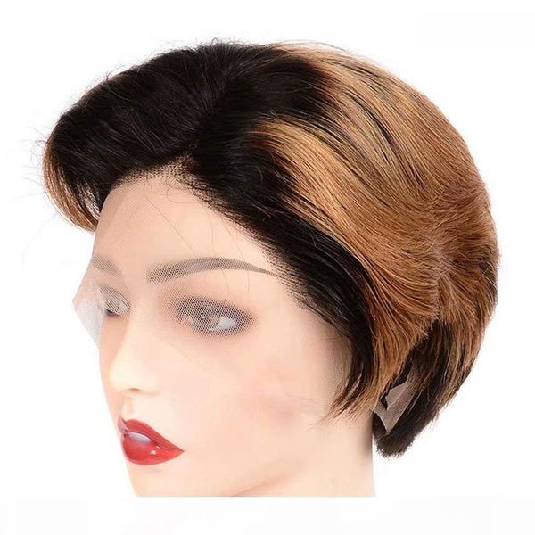 

8 inch short 13*4 lace front wigs glueless ombre 1b 30 color human hair wigs with pre plucked 150% density for black women, Black;brown