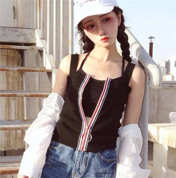 

2019 spring summer zipper knitted tank women hip hop sleeveless v neck t-shirt vest female casual camis streetwear1, White