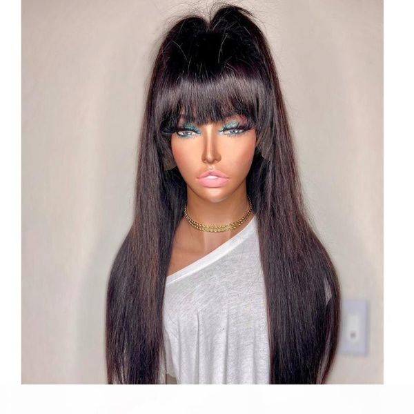 

straight full lace human hair wigs with bangs 150density high ponytail brazilian remy hair with baby for black women, Black;brown
