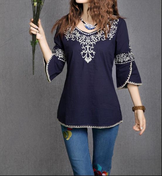 

2021 new fashion women girls totem pattern vintage ethnic blouse embroidery cotton casual shirts blusa etnica bordada, White