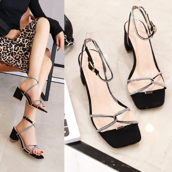 

sandals summer european and american fairies fashion 2021 thick heel water diamond half slippers for women wearing hi, Black