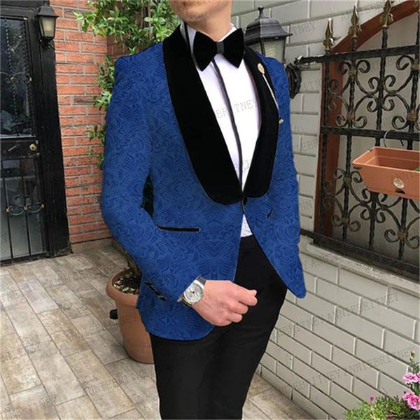 

men's suits & blazers jacquard men with black velvet shawl lapel slim fit royal blue blazer groom wedding suit tuxedo jacket pants 2 pi, White;black
