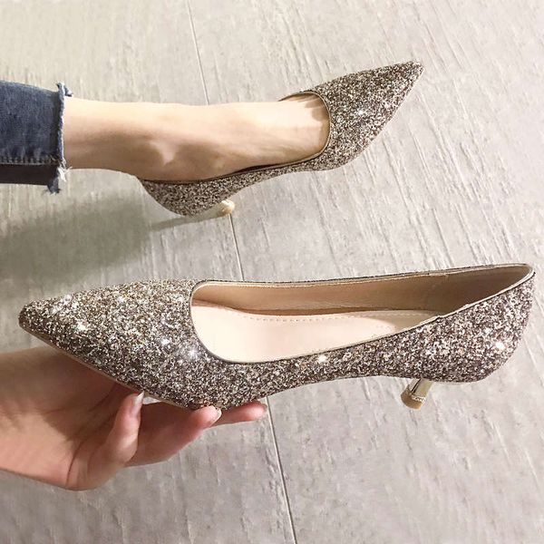 

crystal bride 2020 new versatile silver wedding dress bridesmaid high heels slim heel pointed shoes, Black