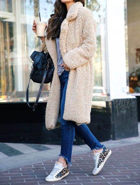 

winter thicken fleece coats women long warm overcoat faux fur lapel jacket female teddy cardigan outwear 121608, Tan;black