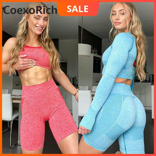 

sport set tracksuit women fitness gym clothing seamless yoga suit crop bra running tights leggings shorts sportswear c0123, Gray