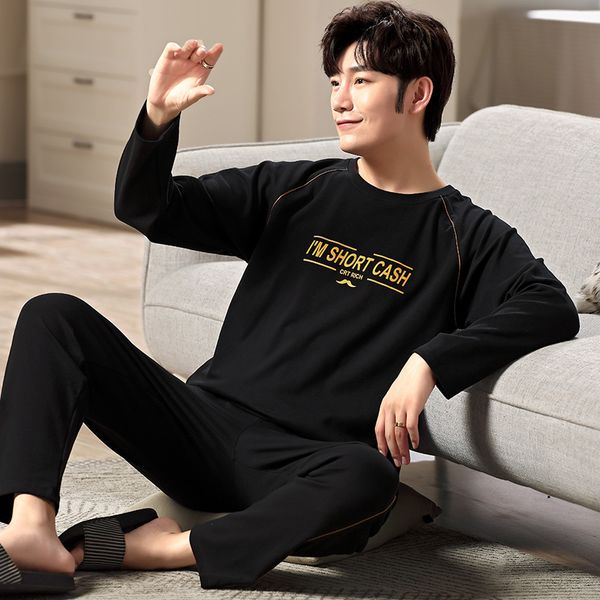 

full pure cotton pajamas men long sleeve pijama set for male plus size sleep clothing casual nightie sleepwear man pyjamas suit q1216, Black;white