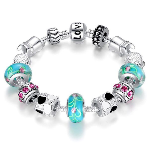 

sell silver charm bracelet bangle for women with murano beads fashion love diy jewelry for gift, Black