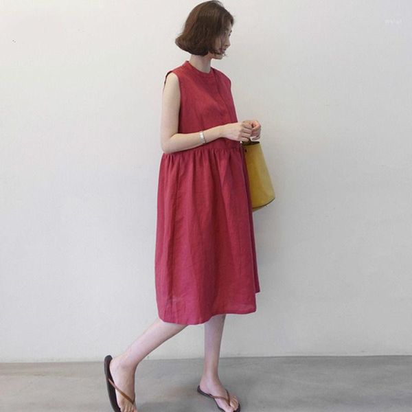

casual dresses 2021 fashion loose womens cotton linen korea chic plus size solid color o neck red button girl female tank dress e1151, Black;gray