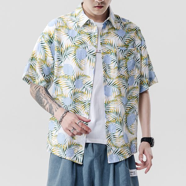 

2021 brand new 2021beach summer print flower short sleeves hawaii collar korea style shirt for men's harajuku clothing d072, White;black