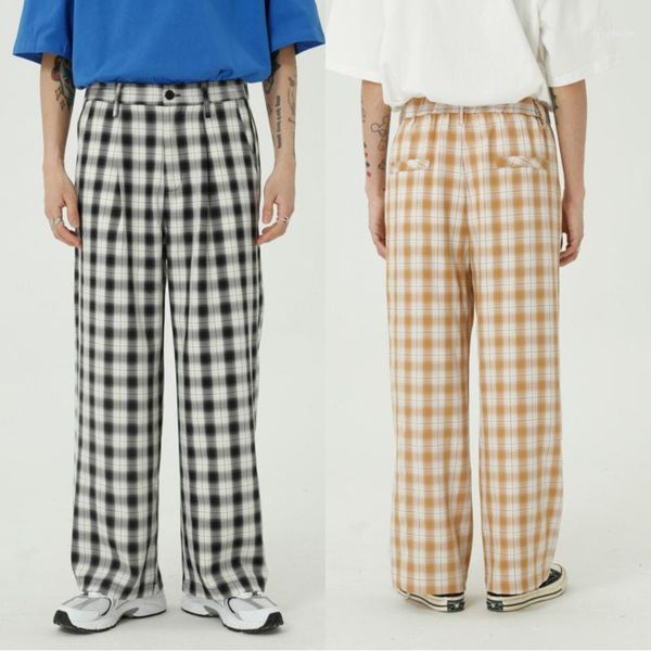 

men's pants vintage straight plaid hip hop elastic waist japanese streetwear black wide leg trousers cotton mens fashion 1