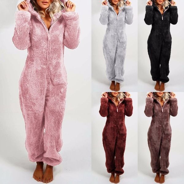 

women thickened plush jumpsuit 2021 new womens rompers women solid color warm hooded pajamas women soft wear pajamas, Black;white