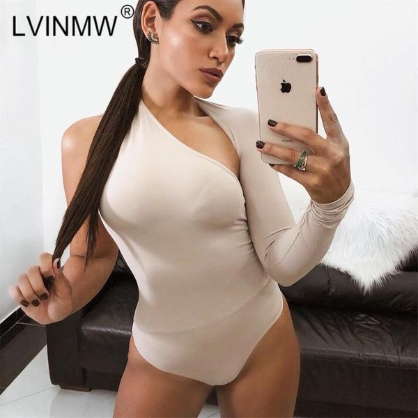 

lvinmw one shoulder long sleeve women bodysuits 2021 autumn backless skinny playsuits bodycon beachwear jumpsuits overalls, Black;white
