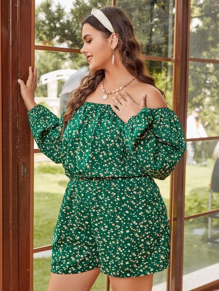 

plus ditsy floral print off shoulder romper a0hx#, Black