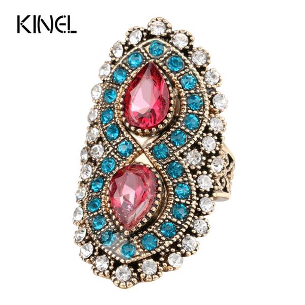 

wedding rings 2021 fashion bohemia pink for women color gold mosaic blue crystal antique ring vintage jewelry, Slivery;golden