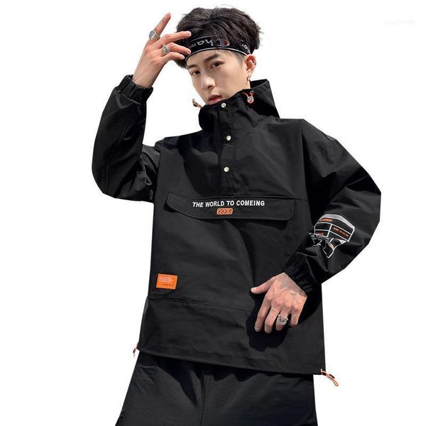 

men's autumn winter half zipper hooded workwear jackets coats masculine japanese streetwear bomber jacket hoodies windbreaker11, Black;brown