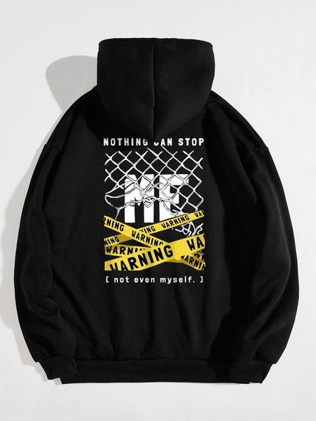 

slogan & argyle print kangaroo pocket drawstring thermal hoodie p1ol#, White;black