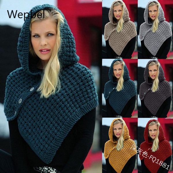 

wepbel fashionable warm wool cap solid color knitted skullies beanies plus size women winter hooded shawl, Blue;gray