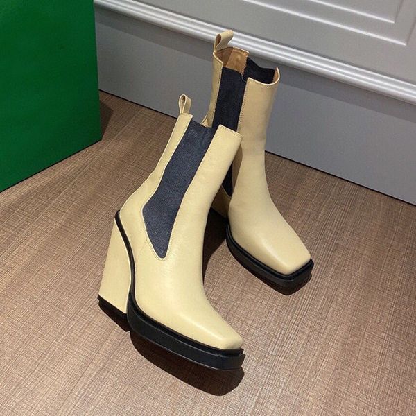 

new designer genuine leather wedge heel ankle boots for women black platform short boots ladies high heel cowboy knight boots botas mujer