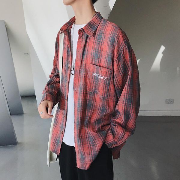 

korean style autumn red plaid shirt men long sleeve check mens striped shirts long sleeves japanese style mens shirts new ii50cs, White;black