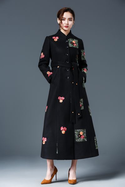 

2021 new long woman's wool plus size autumn female turtleneck mandarin floral embroidery coats kj101 w0mv, Black;brown