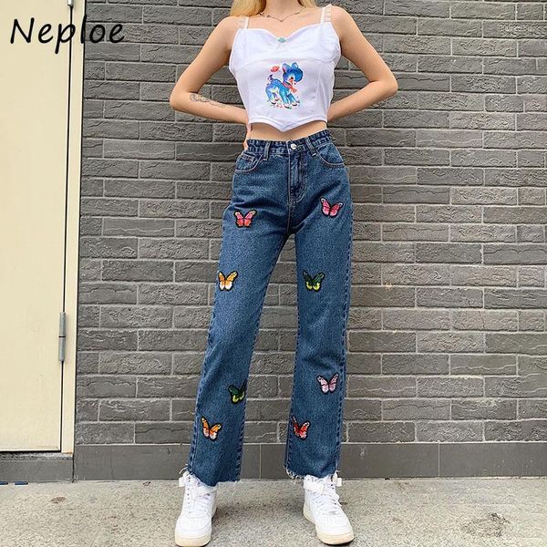 

neploe colorful butterfly embroidery jeans women 2020 casual high waist long trousers cowboy female loose straight pants jeans1, Blue