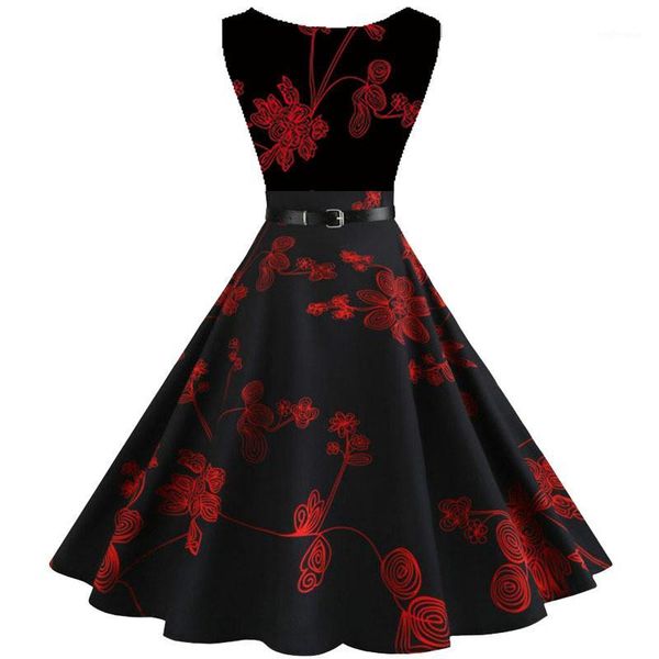 

floral print women summer dress hepburn 50s 60s retro swing vintage dress a-line party dresses with belt jurken plus size1, Black;gray