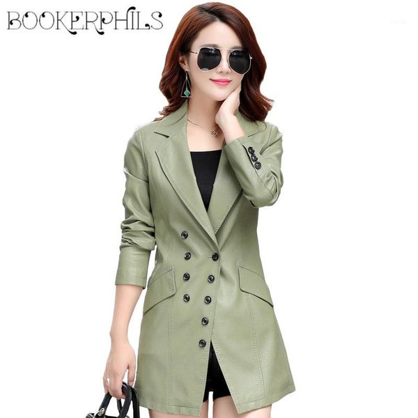 

2019 autumn winter long pu leather jacket coat female outwear plus size double breasted basic jackets faux leather jacket m-5xl1, Black