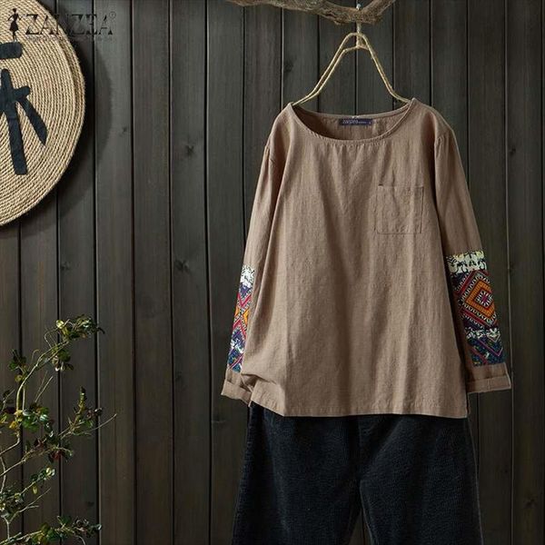 

женская лоскутная блуза 2020 zanzea стильный printed tops повседневный blusas женщины с длинным рукавом женский o шеи мундир плюс размер, White