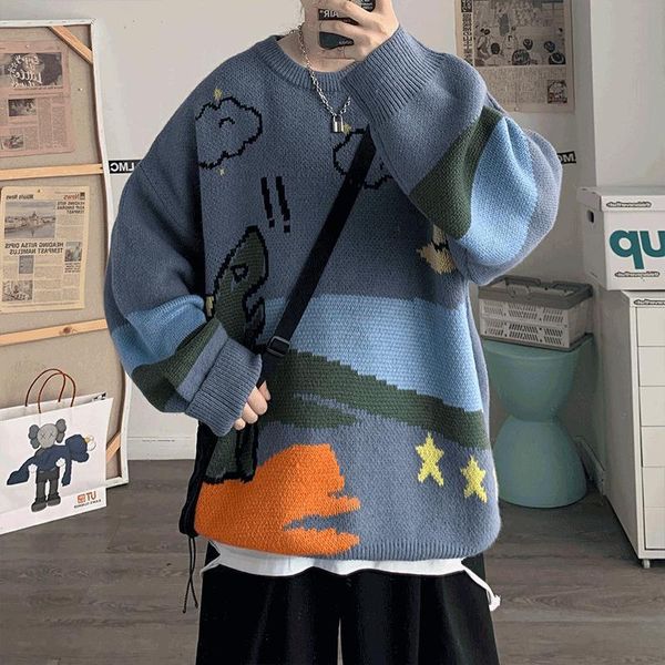 

men's sweaters autumn and winter sweater color contrast loose stitching thick knitted, White;black