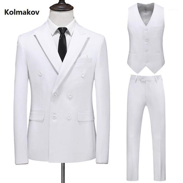 

jacket + vest + pants)2020 new arrival double breasted suits men,slim fit men's wedding suit men size m-6xl1, White;black