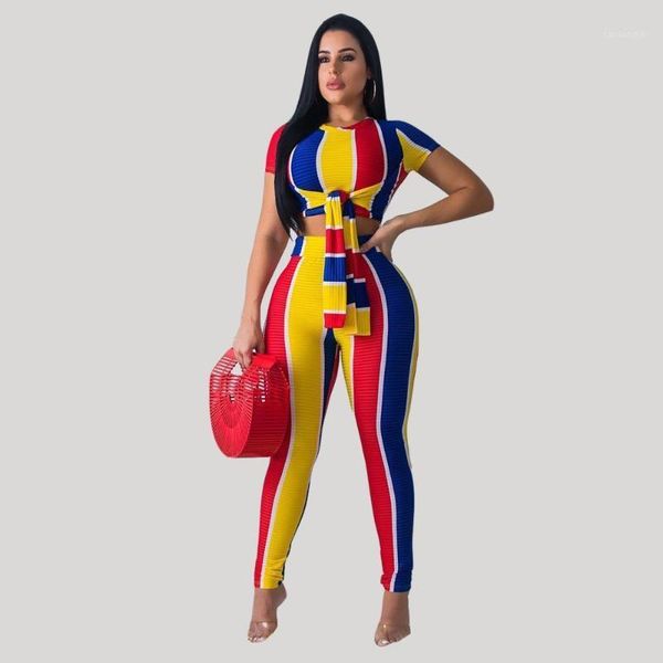 

2019 new women summer rainbow striped print bow o-neck & long pants suit two piece set sporty tracksuit outfit gla81101, White
