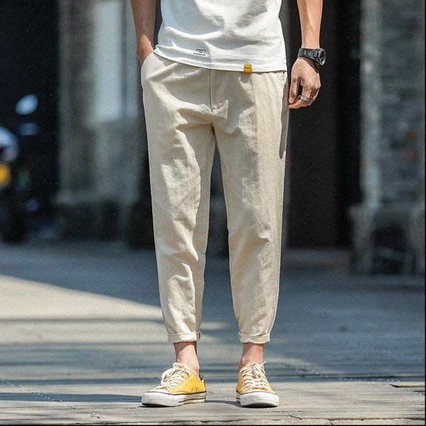 

mens casual ankle length linen pants solid color cool thin mens elastic waist straight hemp trousers pencil pant, Black