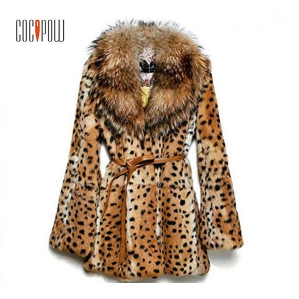 

women leopard print faux fur coat raccoon fur collar belt covered button fashion 2018 winter warm long casual jacket plus size1, Black