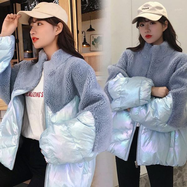 

2019 winter women coat imitation lamb down splicing cotton long coat leisure harajuku fur patchwork glossy dames winter parka1, Black