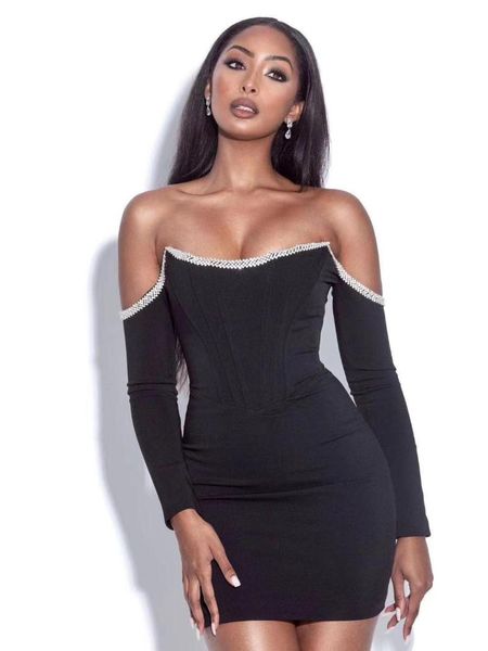 

casual dresses 2021 winter christimas women black off the shoulder long sleeve embellishment bandage dress celebrity party, Black;gray