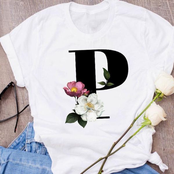 

women graphic letter p elegant cute flower clothes 90s floral lady clothing female tees print t shirt womens t-shirt, White