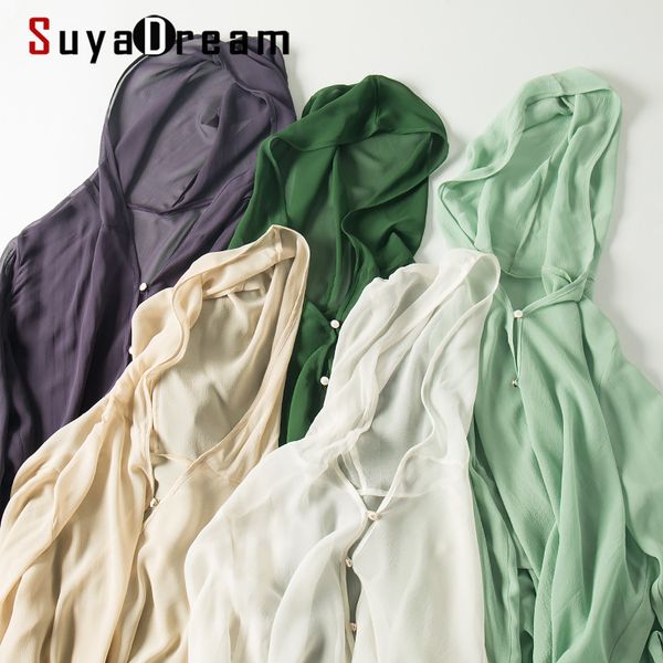 

suyadream women hooded blouse 100%silk georgette solid chiffon button blouse shirt summer sun protection cloth 201126, White