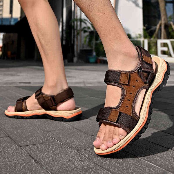 

sandals blwbyl new summer men's genuine leather slippers gladiator beach soft comfortable outdoors wading 220302, Black