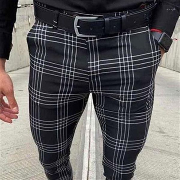 

men plus size pants plaid winter autumn warm slim fit skinny zipper pencil vintage business party casual pants1, Blue