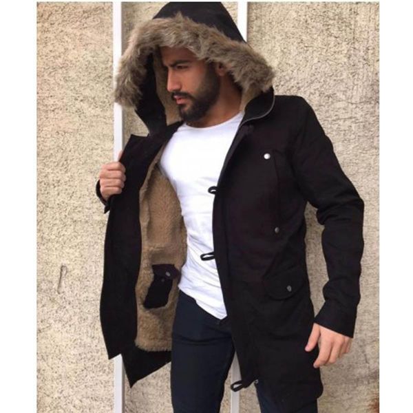 

2020 winter clothes men fur hooded parka coats windbreaker fleece cotton padded vintage jackets veste homme casaco masculino, Black