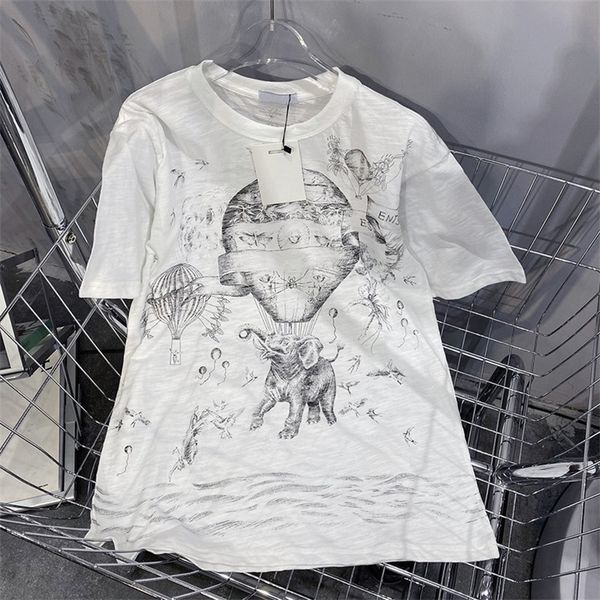 

warehouse clothing spring and summer new ink painting elephant air balloon short sleeve t-shirt women's cotton inschao printed round ne, White