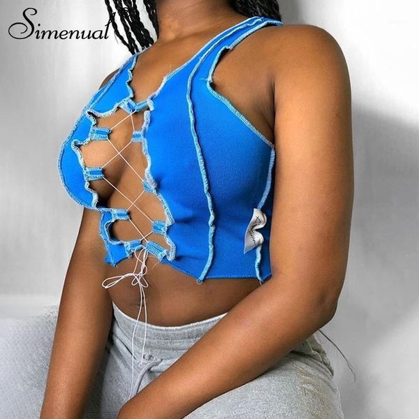 

women's tanks & camis simenual lace up ribbed women tank sleeveless hollow out fashion party club crop summer 2021 patchwork t, White