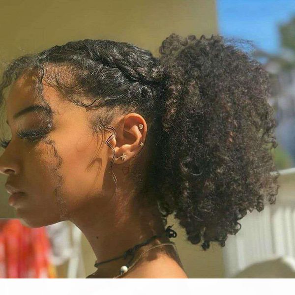 

high afro puff drawstring ponytail kinky curly human hair bun clip in on wrap updo hairpieces for african american women natural color 120g, Black